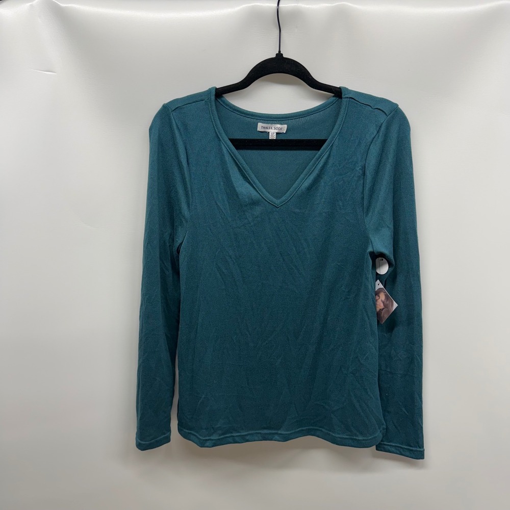 Thalia‎ Sodi Teal V Neck Thin Soft Knit Top T Shirt Womens Small Base Layer